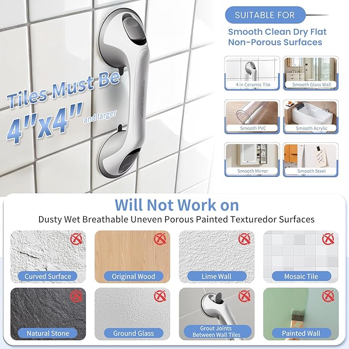 2 Pack 12 Inch Grab Bars for Bathtubs and Showers for Seniors, Heavy Duty Shower Handle for Elderly, Suction Cup Removable Handrails Handicap Bath Grip Bathroom Upgrade Safety Grips (Gray)