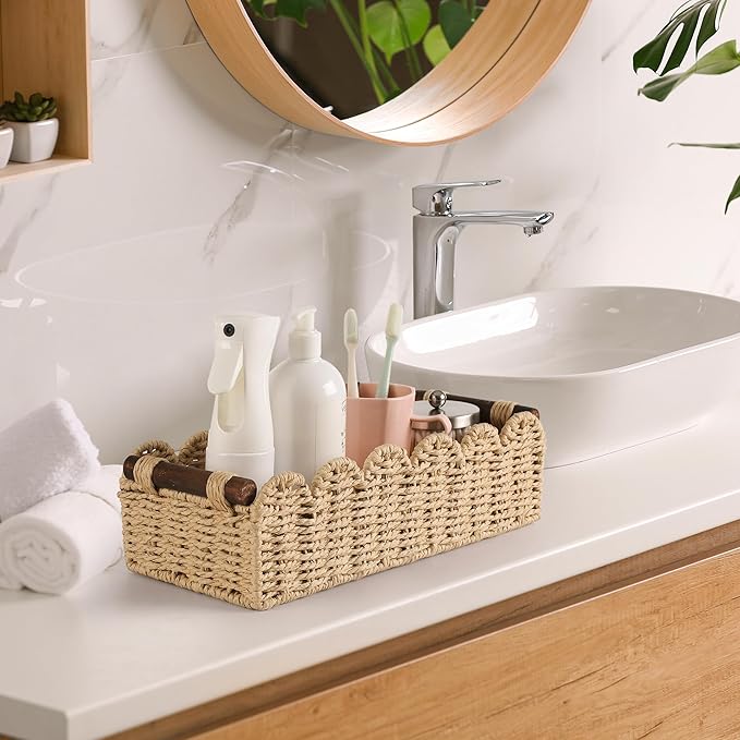 Toilet Paper Storage Basket Bathroom Counter Organizer Wicker Baskets for Organizing Cute Basket for Apartment Bedroom Nursery Room Kitchen Bathroom Decor -Beige