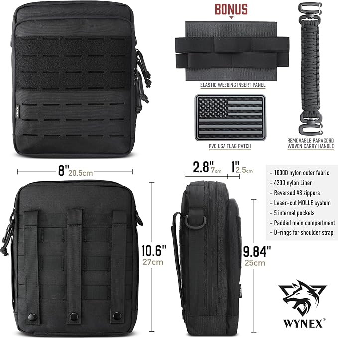 WYNEX Tactical Molle Admin Pouch, Utility EDC Pouch Organizer Modular Tool Pouch of Double Layer Design Medical EMT Attachment Bag Large Capacity with Elastic Webbing Insert Panel