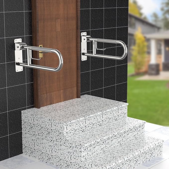 Toilet Grab Bar 24 Inch Chrome, Munzong Anti-Slip Handicap Grab Bars with Paper Holder, Flip-Up Bathroom Safety Rails, Stainless Steel Knurled Support handrails for Seniors Elderly Disabled Pregnant