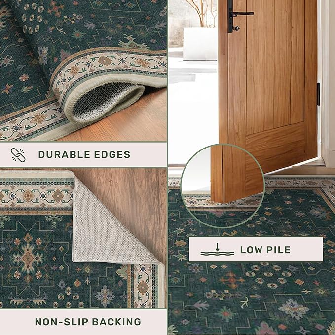 Dark Green 3x8 Wide Hallway Runner Rug - Modern Vintage Boho Floral Moody, Washable Low Pile Non-Slip Area Rugs for Large Entryway, Door Mat Indoor Entrance, Kitchen, Bedroom Beside Bed