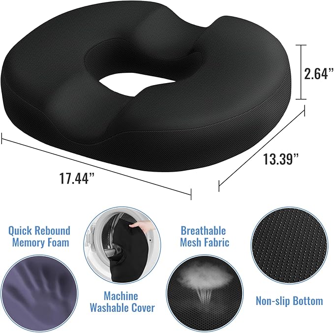 CloudBliss Donut Pillow Stadium Seat Cushion for Tailbone Pain Relief and Hemorrhoids, Memory Foam Seat Chair Cushion, Portable Seat Cushions for Bleachers, Car, Home & Office