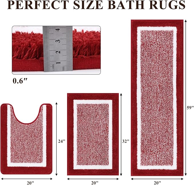 Pauwer Bathroom Rug Sets 3 Piece Bathroom Shower Rugs with U-Shaped Contour Toilet Mat Absorbent Microfiber Plush Non Slip Bath Mats Machine Washable Shaggy Floor Carpet, Red
