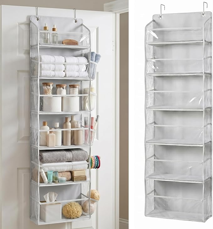 HOMELUX THEORY UPGRADED 6 Tiers Over The Door Organizer Hanging - 100D EXTRA THICK & 50lbs HUGE CAPACITY, 12 Side Mesh Pockets Over The Door Shoe Organizer, Hanging Closet Organizer (Transparent, 1pc)