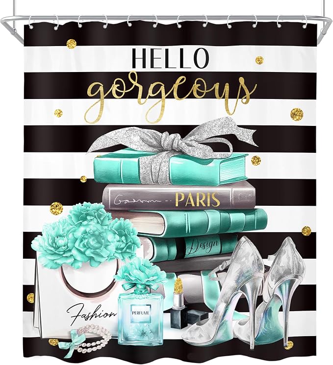 4Pcs Black and Teal Shower Curtain Set,Modern High Heels Striped Magazine Book Bathroom Curtain with Rug, Toilet Lid Cover, Bath Mat,Floral Flower Perfume Shower Curtain with 12 Hooks