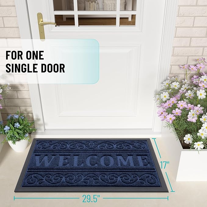 OLANLY Welcome Door Mat Indoor Outdoor Entrance, Heavy Duty Sturdy Front Door Mat, Waterproof All-Weather Doormat, Stain Resistant, Low Profile, Easy Clean Patio Entryway Mat, 29.5 x 17, Navy Blue
