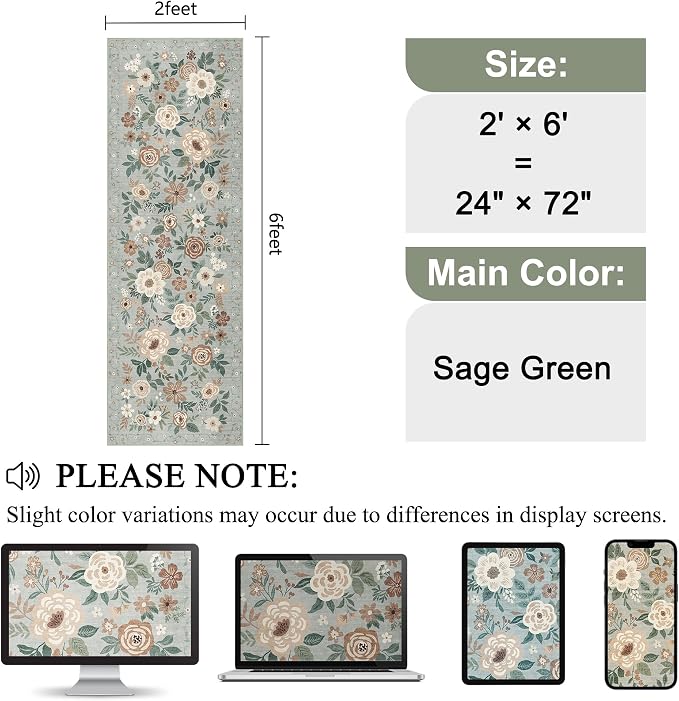 DUKINO 2x6 Runner Rug for Hallway, Washable Kitchen Runner Rug with Non Slip Backing, Low Pile Soft Boho Floral Runner for Kitchen, Hallway, Entryway, Laundry, Bedroom, Sage Green