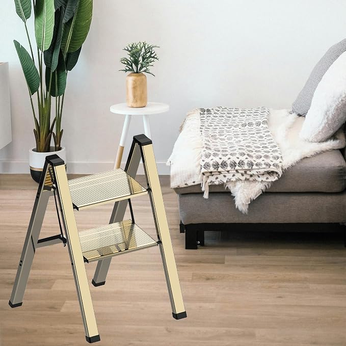 2 Step Lightweight Folding Ladder for Home, 330lbs Aluminum Step Ladder Anti-Slip for Kitchen, Step Stool Foldable Adults for Closet, 330lbs - Champagne Gold