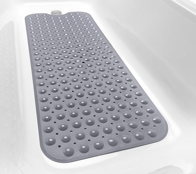 Extra-Long Non-Slip Bathtub & Shower Mat 39”x16” (Smooth/Non-Textured Tubs Only) Safe, Clean, Machine-Washable, Superior Grip&Drainage, Vinyl, Opaque Gray (Grey)