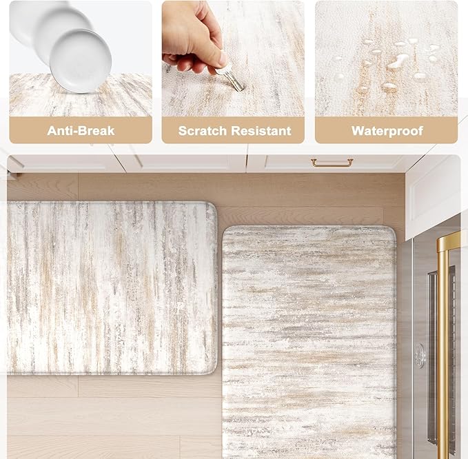 KIMODE Kitchen Mats Cushioned Anti Fatigue, Abstract Kitchen Rugs Sets of 2, 20"x47"+20"x32" Non Slip Kitchen Mats for Floor, Padded Kitchen Floor Mat for Sink Laundry Office Light Brown Multi