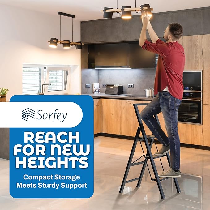 Step Ladder 3 Step Folding, Decorative - Beautiful Bamboo & Black Aluminum, Ultra Slim Profile, Anti Slip Steps, Sturdy-Portable for Home, Office, Kitchen, Photography Use,By SORFEY
