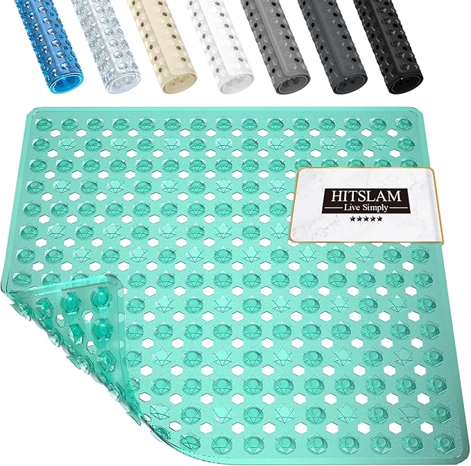 HITSLAM Shower Mat Anti Slip, Square Bath Mat for Tub Non Slip with Suction Cups and Drain Holes, 21x21 Inch Bathroom Shower Stall Floor Mat, Machine Washable, Soft on Feet, Green