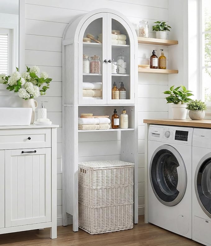 White Over The Toilet Storage Cabinet with Acrylic Doors, 4 Tier Small Bathroom Shelf Organizer, Arched Bathroom Cabinet with Adjustable Shelf, Slim Narrow Toilet Rack, Wood, Anti-Tipping Device