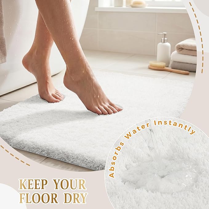 Yimobra Bathroom Rugs Non Slip Washable, Ultra Soft and Water Absorbent Bath Mats, Plush Fluffy Shower Mat Outside, Microfiber Thick Matts for Bathroom Floor/Sink, 24X17, Off White