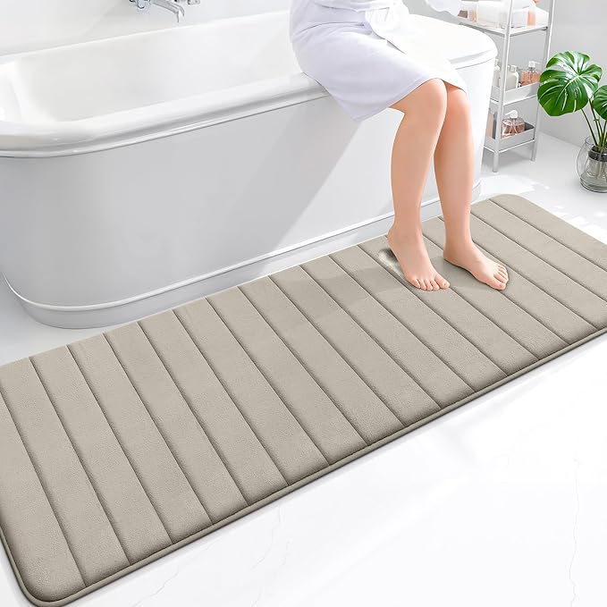 OLANLY Memory Foam Long Bathroom Rugs Runner 70x24, Super Soft Absorbent Bath Mat, Quick Dry, Machine Washable Shower Floor Rugs, Bathmat Carpet, Bathroom Home Decor Accessories, Warm Taupe