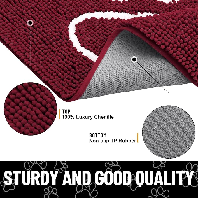 Smiry Dog Door Mat for Muddy Paws, Absorbent Dirt Trapper Non Slip Quick Dry Washable Chenille Mat for Mud Dogs, Entry Rug for Indoor and Outdoor (48x30 Inches, Burgundy and White)
