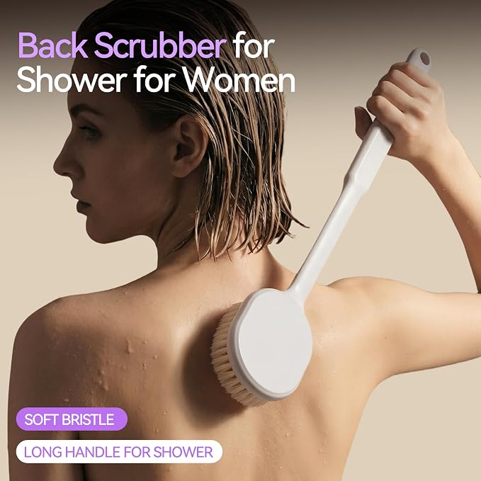 Back Scrubber for Shower for Women Men, Body Brush with Long Handle, Exfoliating Bath Washer with Soft Bristles, Body Exfoliator for Wet or Dry Brushing, Back Scrub Deep Cleaning, White