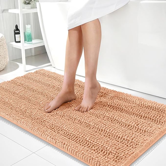 OLANLY Thick Bathroom Runner Rugs 44x24, Extra Absorbent Chenille Striped Bath Rugs, Rubber Backing, Machine Wash Dry, Long Bath Mats for Bathroom Floor, Tub and Shower, Home Decor Accessories, Peach