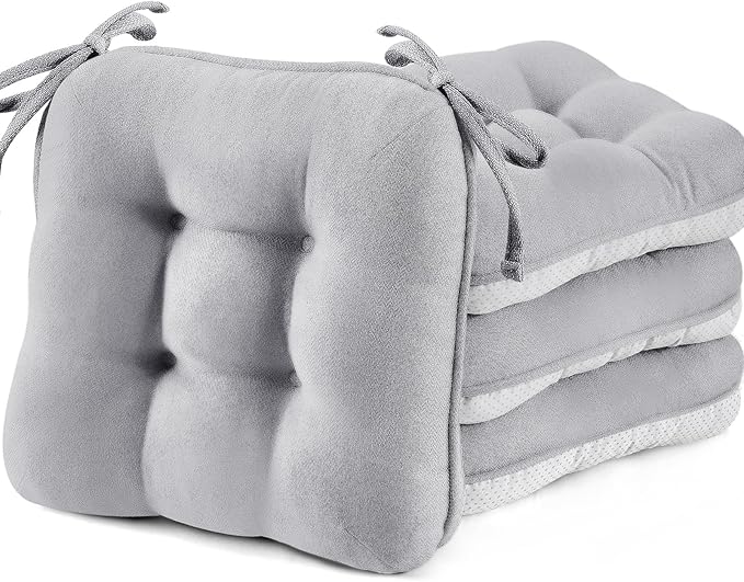 BETU Chair Cushions for Dining Chairs Set of 4,3.5" Thick Kitchen Table Chair Pads with Ties,Non Slip Backing and Covers, Seat Cushion for Dining Room,Bar,Patio Chairs,15.5"X15.5"X3.5",Light Grey