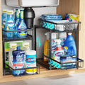 iSPECLE Under Bathroom Sink Organizer - 2 Pack 2 Tier Pull Out Under Kitchen Sink Storage for Centered Garbage Disposal, Reach Back Items Easily Adjustable Shelf Height Heavy Duty H-Frame, Black