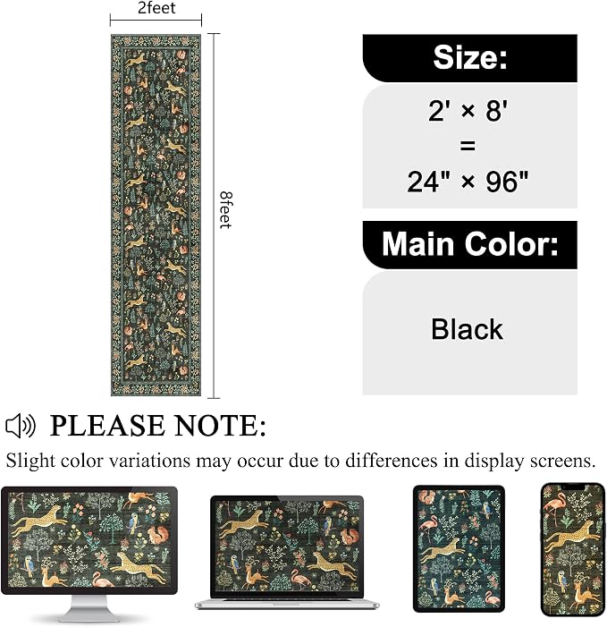 DUKINO Runner Rug, 2x8 Washable Kitchen Rugs for Hallways with Non Slip Backing, Soft Low Pile Vintage Animal Runner for Kitchen, Hallway, Entryway, Laundry, Bedroom, Black