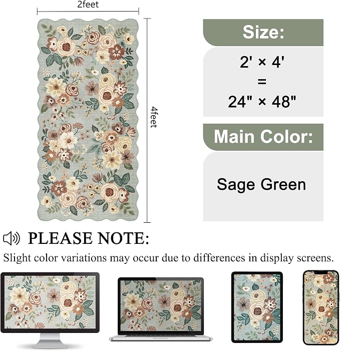 DUKINO 2x4 Washable Runner Rugs, Non Slip Floral Print Entryway Rug with Soft Low Pile, Lightweight Mat for Living Room, Bathroom, Bedroom, Kitchen, Sage Green
