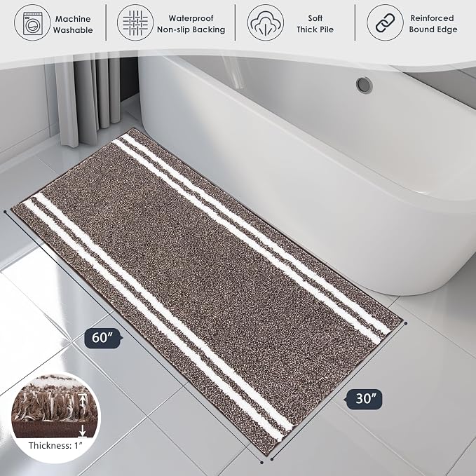 PURRUGS Bathroom Rug Non-Slip Machine Washable 30" x 60", Super Absorbent and Quick Dry Shaggy Microfiber Bath Mat, Extra Soft and Plush Bath Rug for Bathtub, Shower, and Sink, Brown