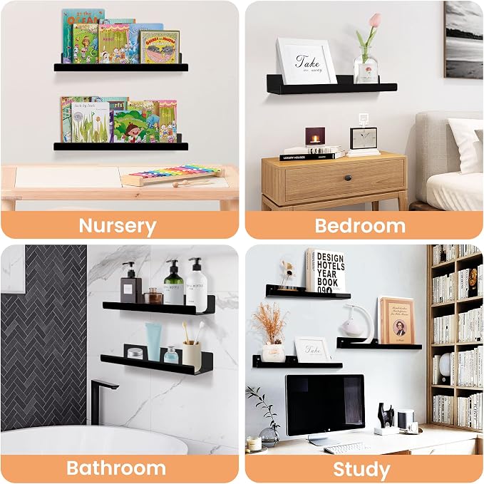 upsimples Acrylic Shelves for Wall Decor, 15" Display Shelf Perfume Organizer for Bathroom, Bedroom, Living Room, Floating Bookshelves for Kids, Black, 4 Pack