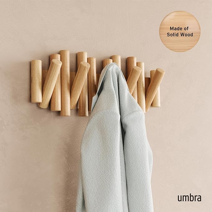 Umbra Picket Coat Rack Wall Mount – 5 Flip-Down Wood Coat Hooks, Modern & Functional Storage, Easy Install Wall Hooks, Natural