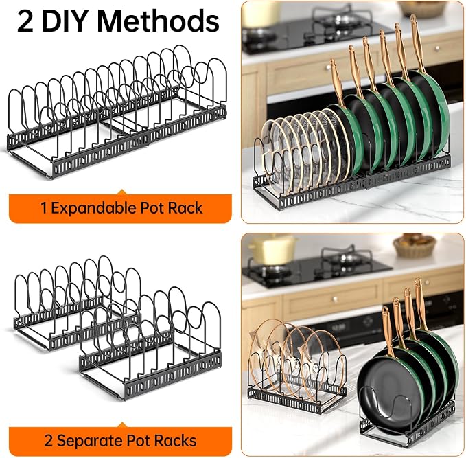 MUDEELA Pots and Pans Organizer Rack for under Cabinet, Expandable Pot Lid Kitchen Cabinet Organizer Holder with 14 Adjustable Compartment Cutting Board Organizer for Pan Lid, Bakeware