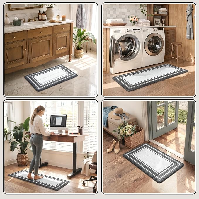 KIMODE Anti Fatigue Kitchen Mat for Floor 2PC,Kitchen Rugs Non Slip Rubber Backing,Waterproof Farmhouse Kitchen Floor Mat,Cushioned Standing Mat for Home Decor,Office,Laundry,Sink,Desk,Black and Grey