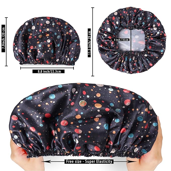 Shower Caps for Women, 4 PCS Elastic and Reusable Bath Caps, Double Layers Shower Cap Reusable Waterproof, Bathing Shower Caps, Environmental Bath Hair Protection Cap - Polka Dots