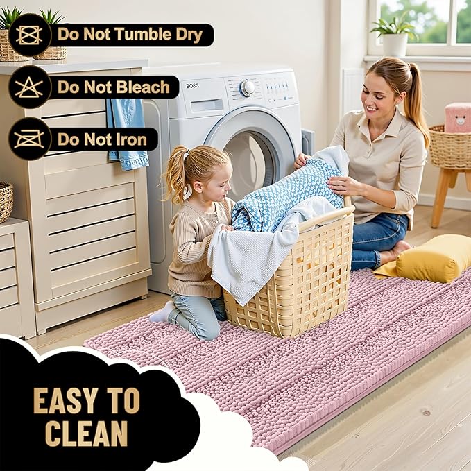 OLANLY Thick Bathroom Runner Rugs 44x24, Extra Absorbent Chenille Striped Bath Rugs, Rubber Backing, Machine Wash Dry, Long Bath Mats for Bathroom, Tub and Shower, Home Decor Accessories, Dusty Rose