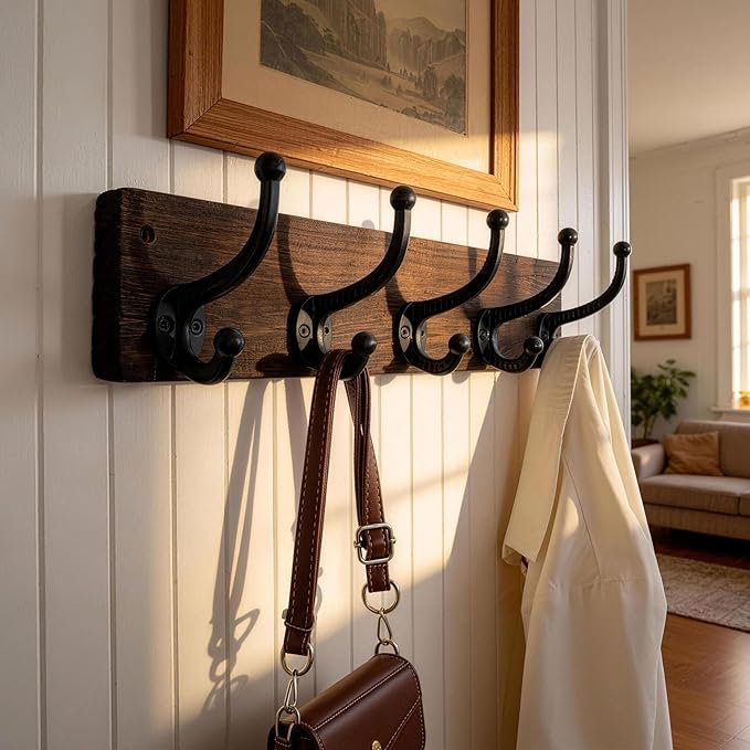 WEBI Rustic Coat Rack Wall Mount,5 Cast Iron Coat Hooks Wall Mounted,Heavy Duty Wood Wall Coat Hanger Hooks for Hanging Coats,Jacket,Clothes,Backpack,Farmhouse,Weathered Brown,2 Packs