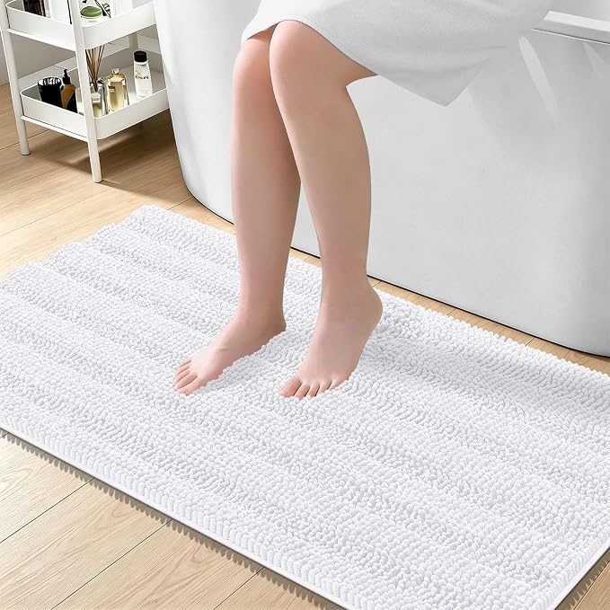 OLANLY Thick Large Bathroom Rugs 45x27, Extra Soft Absorbent Chenille Striped Bath Rugs, Rubber Backing, Machine Wash Dry, Bath Mats for Bathroom Floor, Tub and Shower, Home Decor Accessories, White