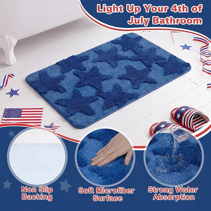 Capoda 1 Pcs Patriotic Bathroom Rug 20 x 30 Inch 4th of July Star Bath Mat Non-Slip Soft Microfiber 4th of July Shower Rug for Independence Day Home Kitchen Bathroom Entrance Decor(Star, Blue)