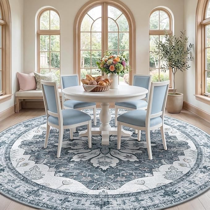 RELEANY Area Rugs Round 10ft Washable Non-Slip, Floral Vintage Distress Medallion Carpet for Living Room Bedroom Dining Room, Light Gray Grey White