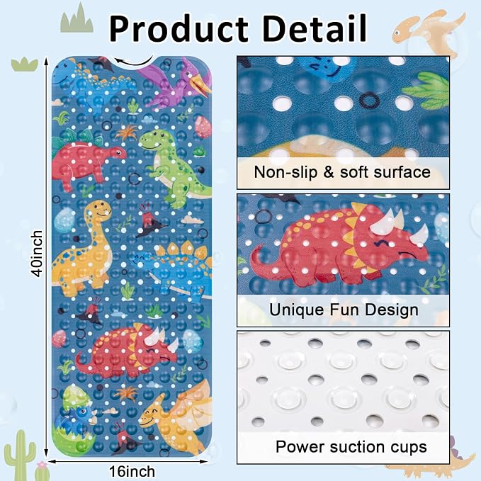 Topotdor Baby Bath Mat, Cartoon Bath Mat for Tub Non Slip Kids, 40x16 Inch Extra Long Toddler Bathtub Mat with Drain Holes & Suction Cups, Machine Washable Anti-Slip Shower Mat, Dinosaur