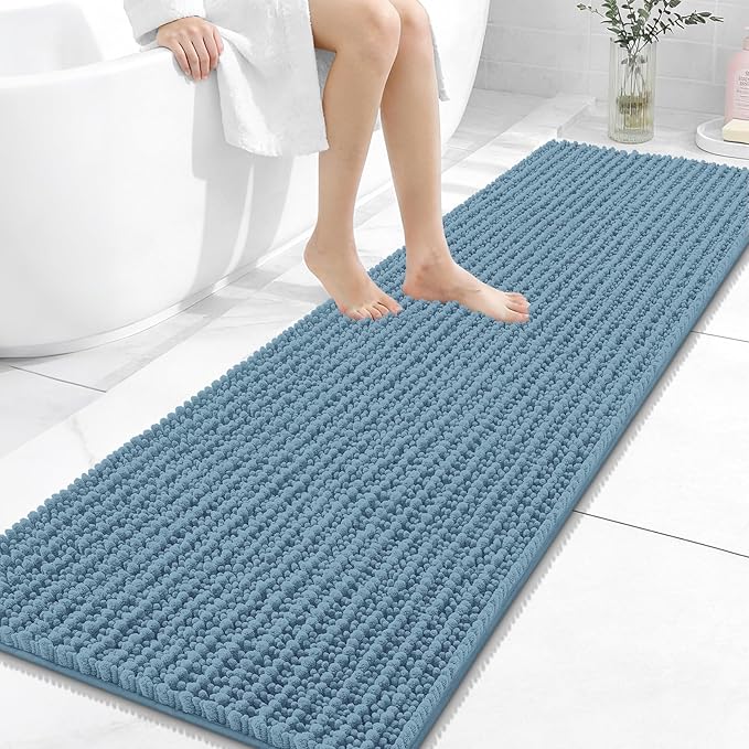 OLANLY Long Bathroom Rugs Runner 59x20, Thick Soft and Absorbent Chenille Bath Mat, Non-Slip, Machine Washable Quick Dry Bath Rugs for Tub Shower Floor, Home Decor Accessories, Airy Blue