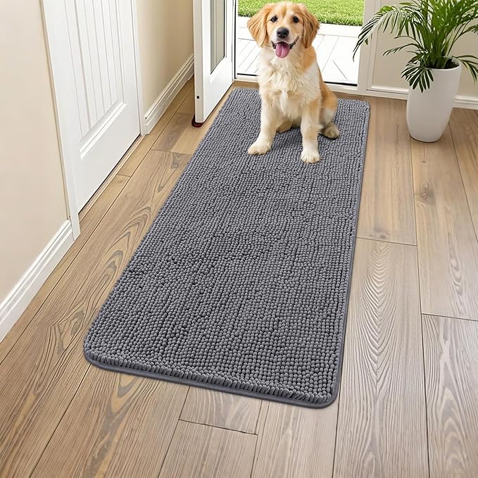 Smiry Dog Door Mat for Muddy Paws 47x20, Absorbent Dirt Trapper, Non-Slip Washable Chenille Entryway Rug for Inside Floor, Dark Grey, Classic Solid