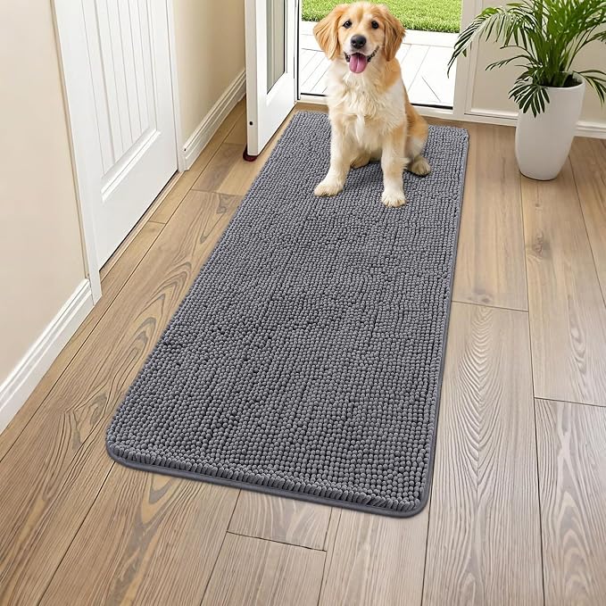 Smiry Dog Door Mat for Muddy Paws 47x17, Absorbent Dirt Trapper, Non-Slip Washable Chenille Entryway Rug for Inside Floor, Dark Grey, Classic Solid
