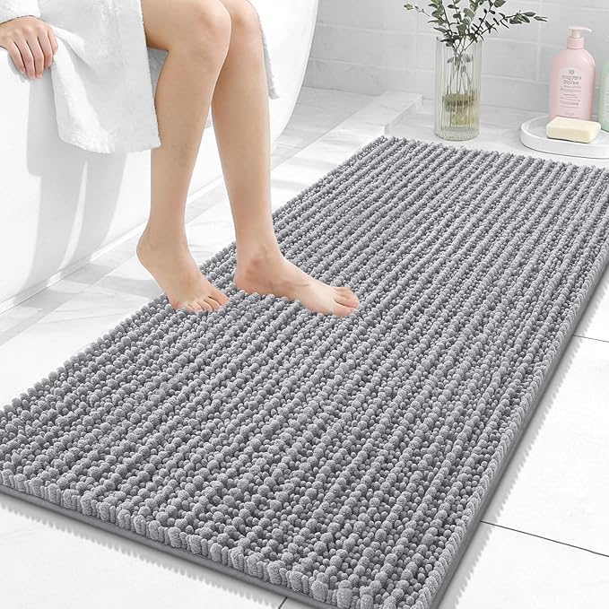 OLANLY Long Bathroom Rugs Runner 47x24, Thick Soft and Absorbent Chenille Bath Mat, Non-Slip, Machine Washable Quick Dry Bath Rugs for Tub Shower Floor, Home Decor Accessories, Grey