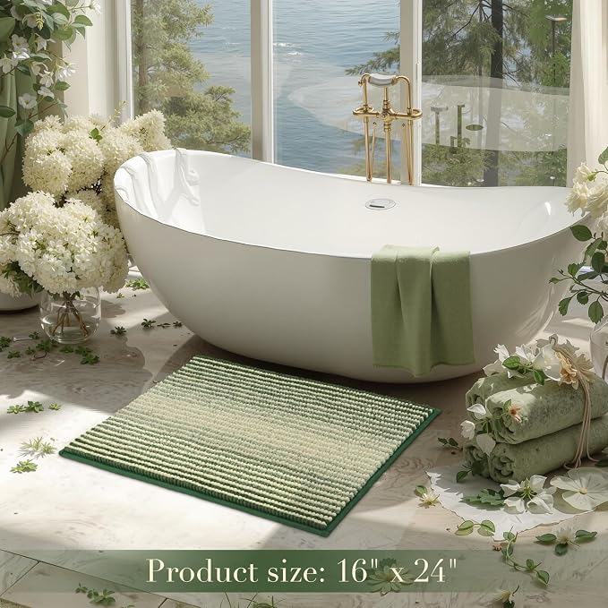 BSICPRO Bath Mat Rug for Bathroom Non Slip 17 x 24 Inches Water Absorbent Chenille Bathroom Floor Mats Machine Washable(Green)