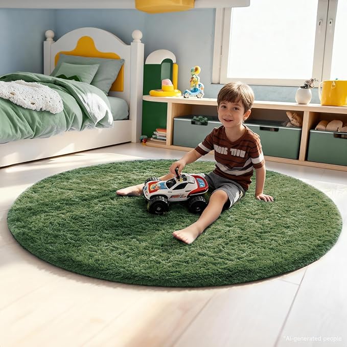 Ophanie Round Rug 5Ft Grey Green Circle Area Rug, Grayish Green Room Decor, Fluffy Fuzzy Bedroom Carpet, Plush Soft Shaggy Living Room Rugs for Kids Home Aesthetic, Nursery