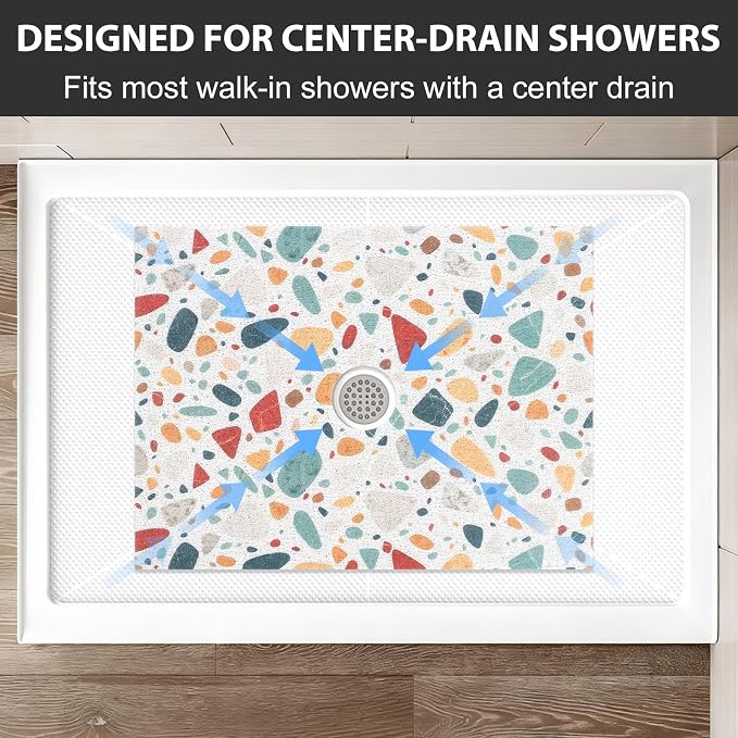 Non Slip Shower Mat: 32x24 Inch Extra Large Shower Mats for Inside Shower with Drain Hole in Middle - Soft PVC Loofah Anti Slip Shower Floor Mat for Standing and Walk-in Shower, Quick Drying