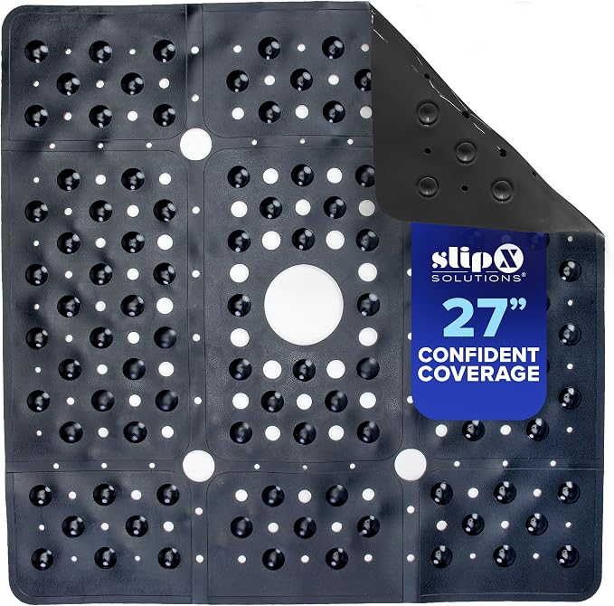 SlipX Solutions 27" Oversize Square Shower Mat, Non-Slip Mat for Elderly & Kids, 100+ Power Grip Suction Cups for Smooth Surfaces, Machine Washable, Black