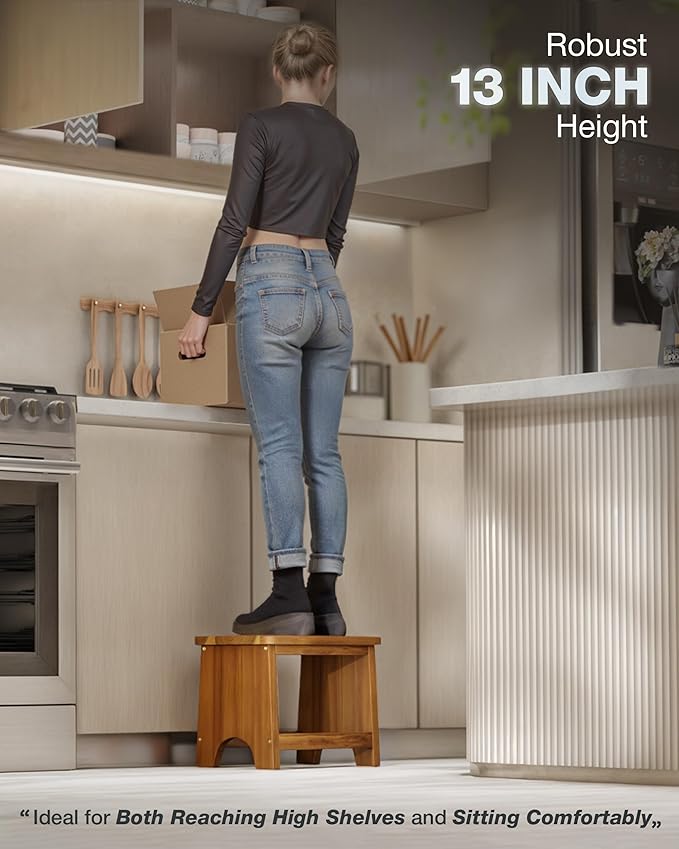 FANATU Wooden Step Stool, 13'' Non-Slip Heavy Duty Stepping Stool for Adults with Handle, Nonslip & Durable Design Supports up to 500lbs for Bedroom or Kitchen