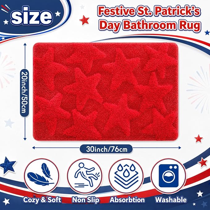 Capoda 1 Pcs Patriotic Bathroom Rug 20 x 30 Inch 4th of July Star Bath Mat Non-Slip Soft Microfiber 4th of July Shower Rug for Independence Day Home Kitchen Bathroom Entrance Decor(Star, Red)