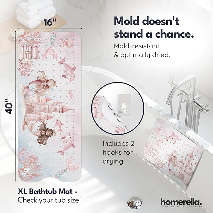 Bath Tub Mat Non Slip Anti Mold for Kids BPA Free INCL Hooks - homerella® Ocean Sea Animals 40x16, Baby Bath Mat Non Slip 200 Suction Cups, Non Toxic Machine Washable Toddler Bath Mat, EU Certified