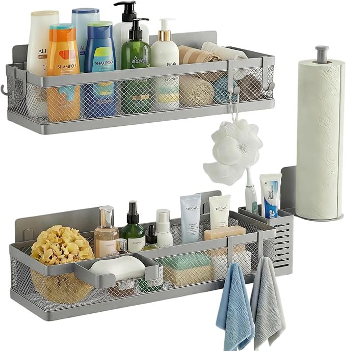 PUSDON 5-in-1 16.5" Extra Long Slim Wall Mount Wrapped Mesh Kitchen Organizer & Shower Caddy Kit, with Paper Towel Holder, Utensil Holder, Soap Dish, Holds 50LBS - Silver Gray, Netting